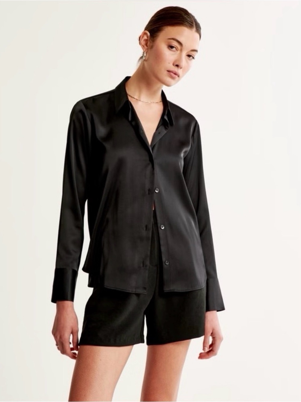 NWT Abercrombie & Fitch Black Satin Button-Down Shirt